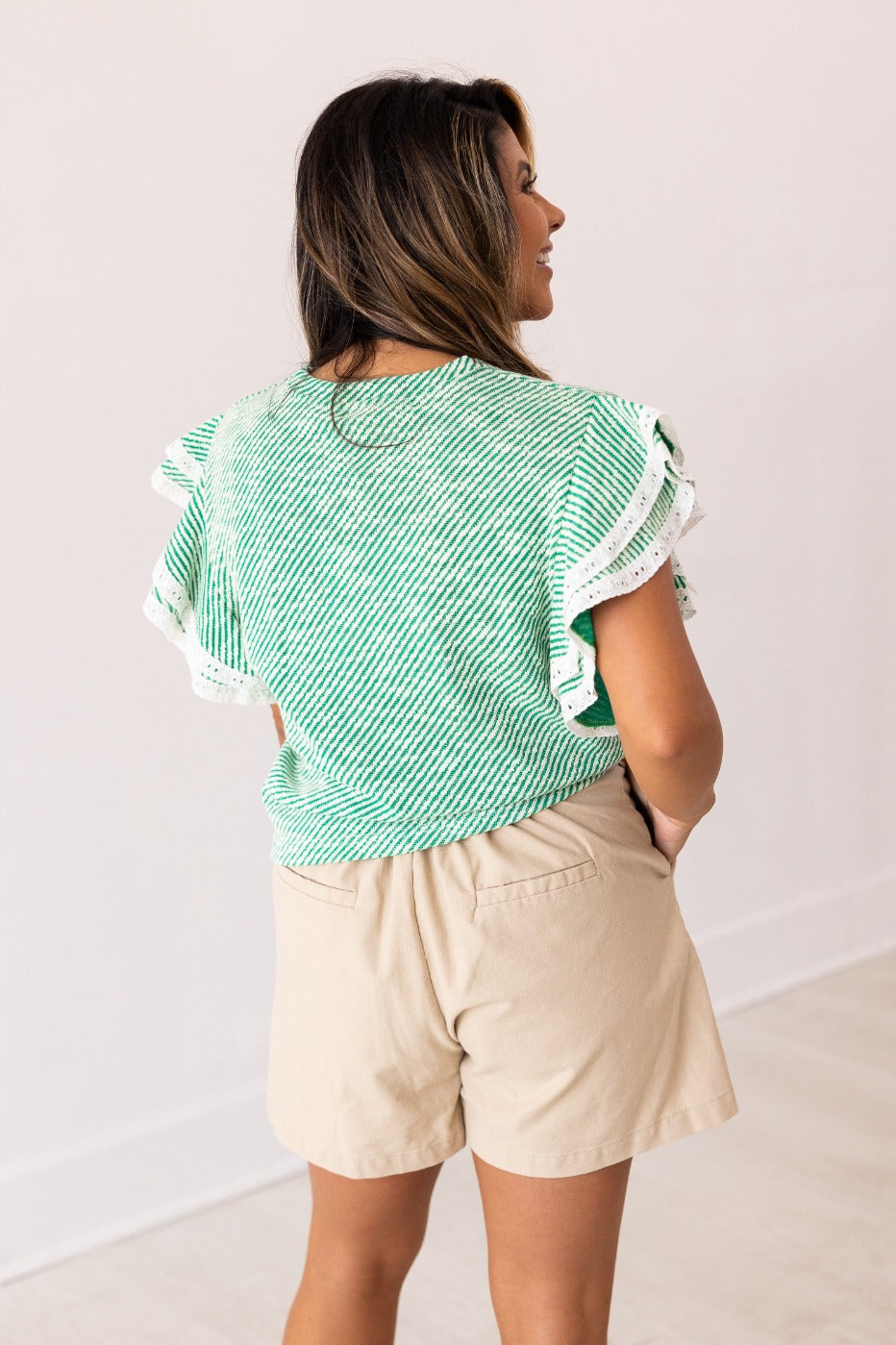 Green Knit Top Lace Trim