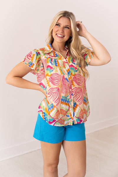 Tropical Print Top Flutter Sleeves