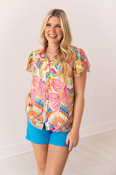 Tropical Print Top Flutter Sleeves