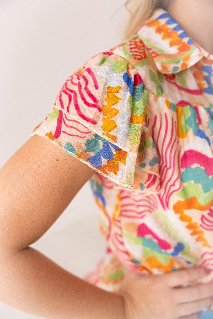 Tropical Print Top Flutter Sleeves