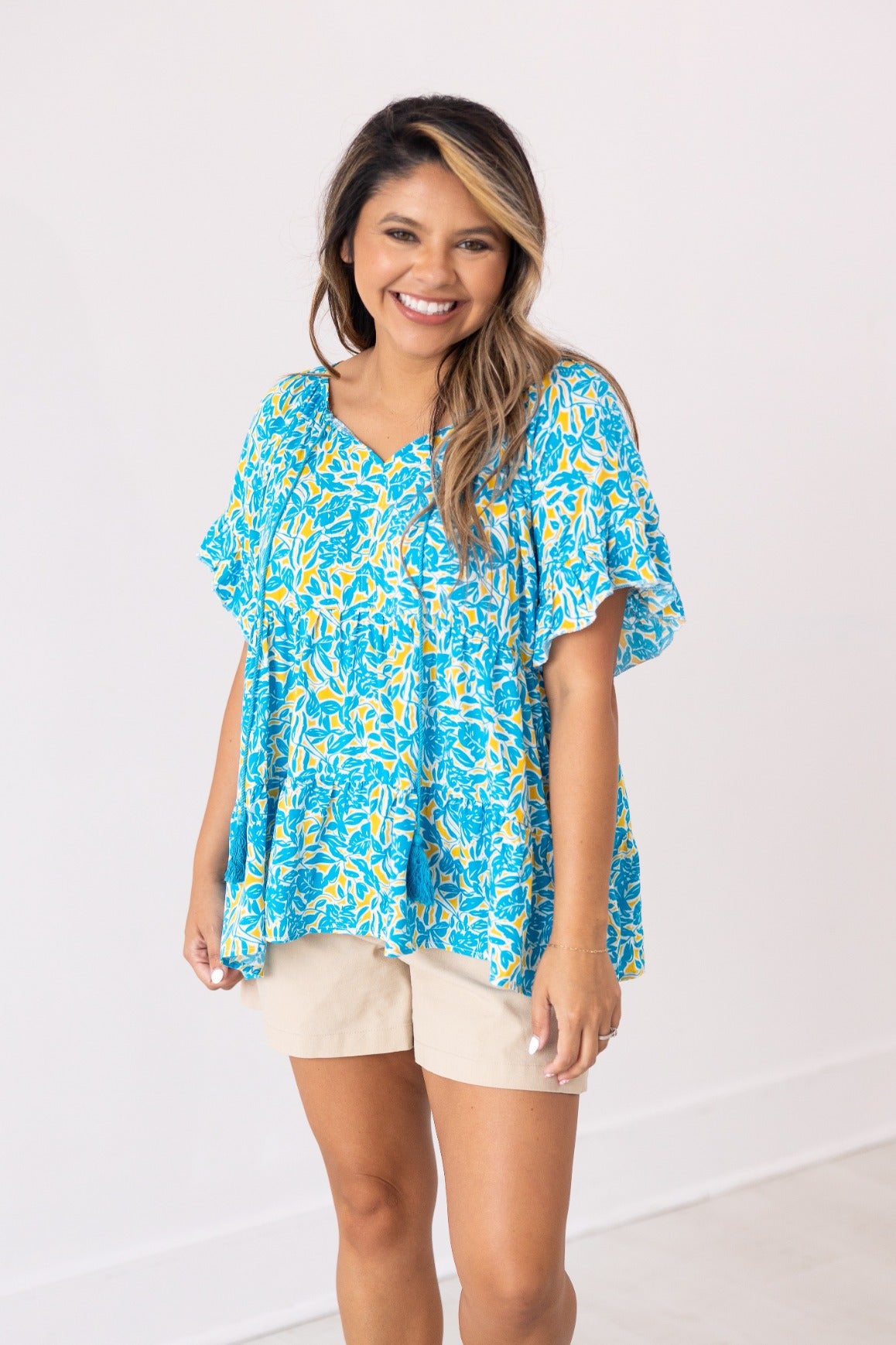 Blue & Yellow Floral Babydoll Top