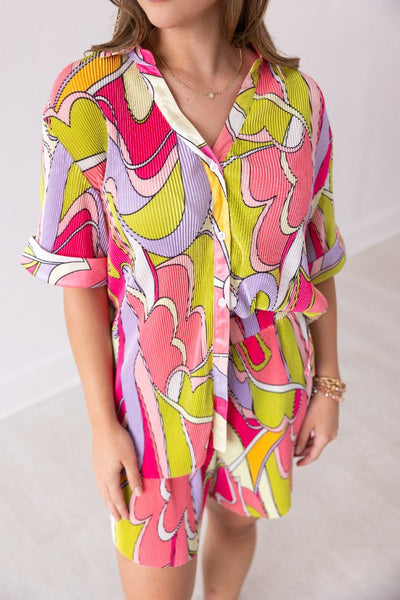 Pleated Abstract Print Button-Up