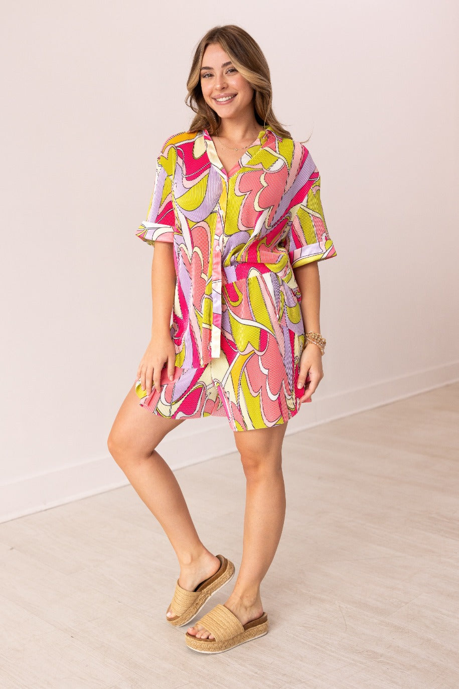 Pleated Abstract Print Button-Up