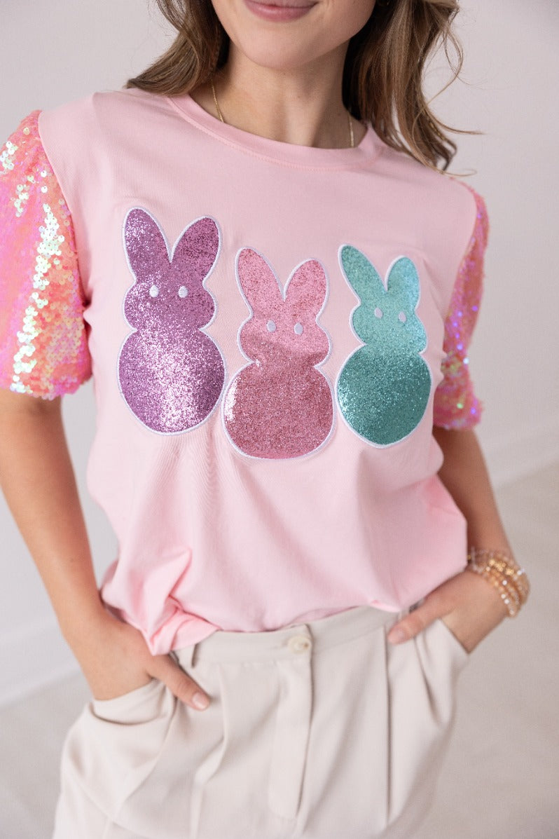 Sequin Sleeve Top With Bunny Patches