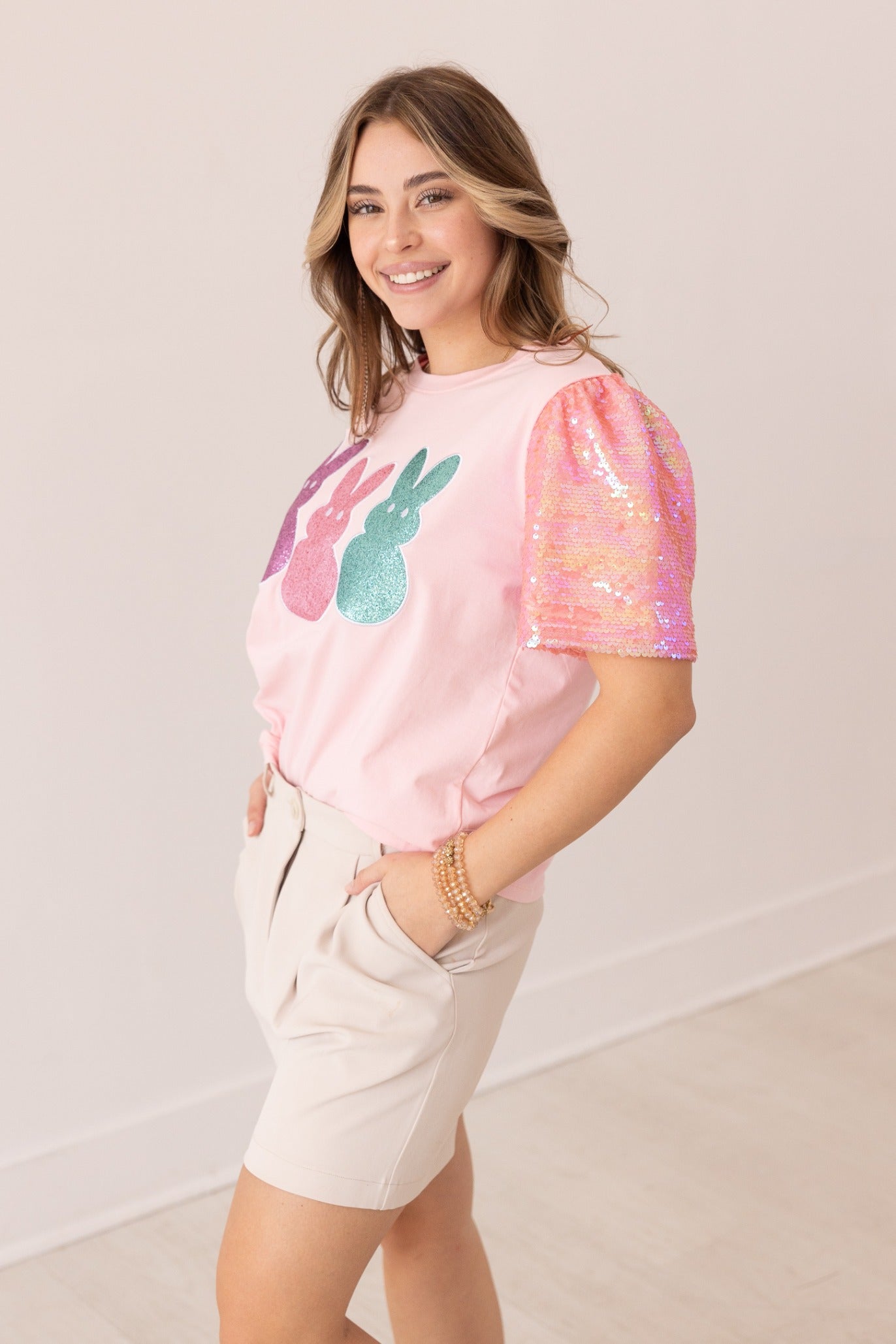 Sequin Sleeve Top With Bunny Patches