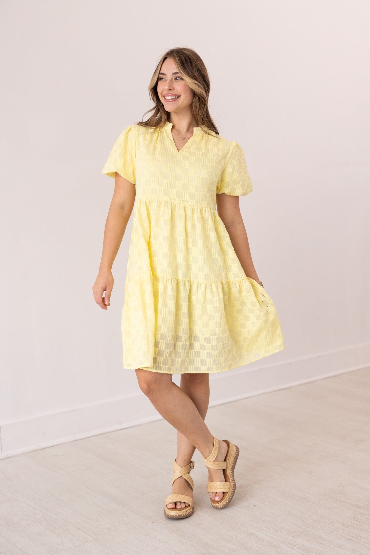 V-Neck Checkered Dress, Yellow