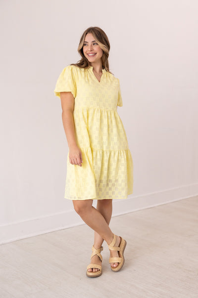 V-Neck Checkered Dress, Yellow