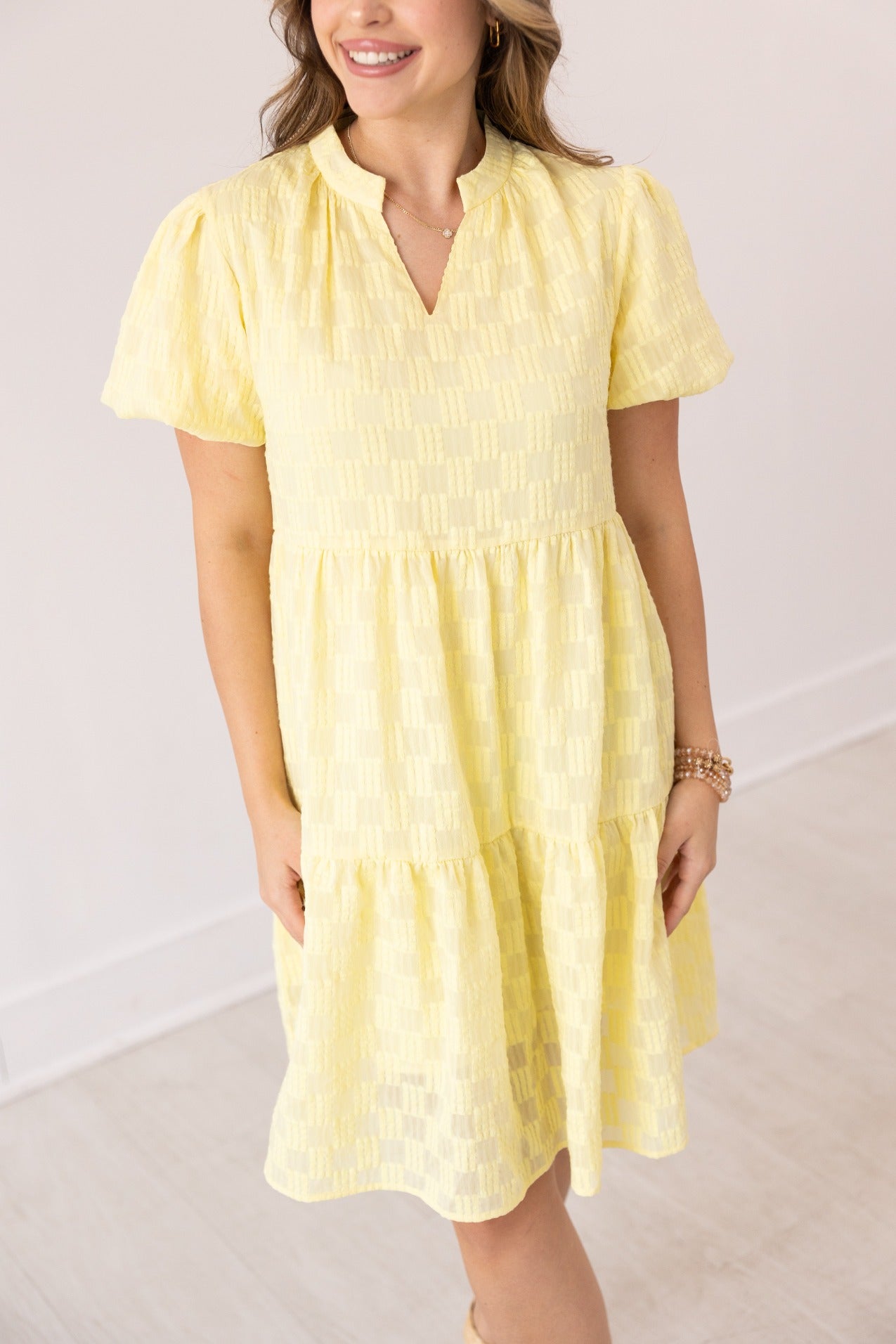 V-Neck Checkered Dress, Yellow