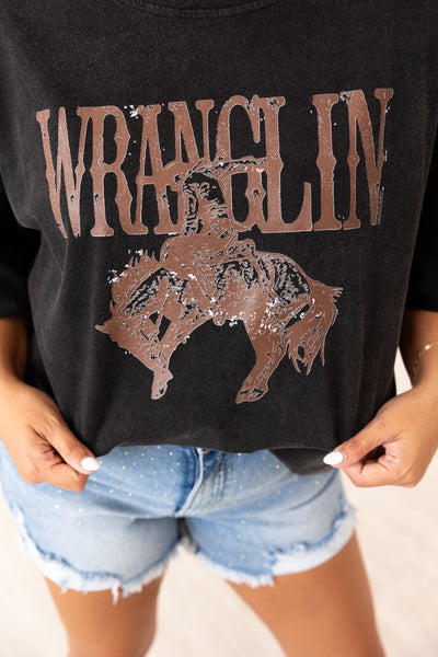 Wranglin' on Black Tee