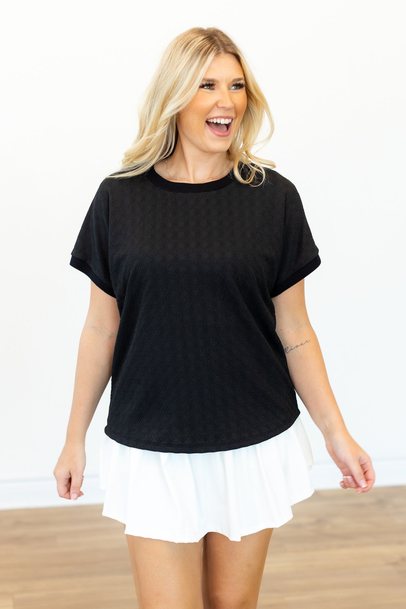 Textured Fabric Crew Neck Top, Black