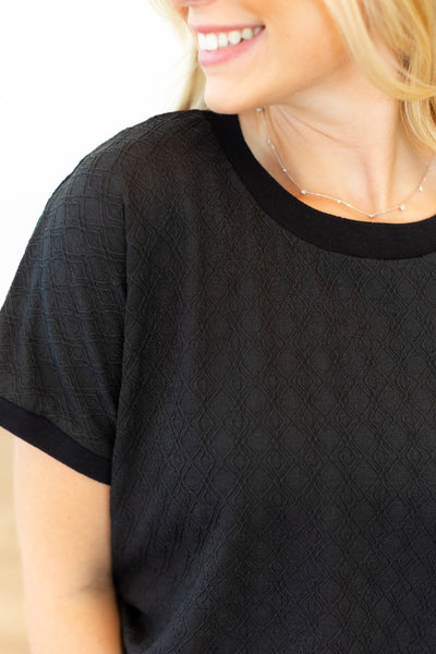 Textured Fabric Crew Neck Top, Black