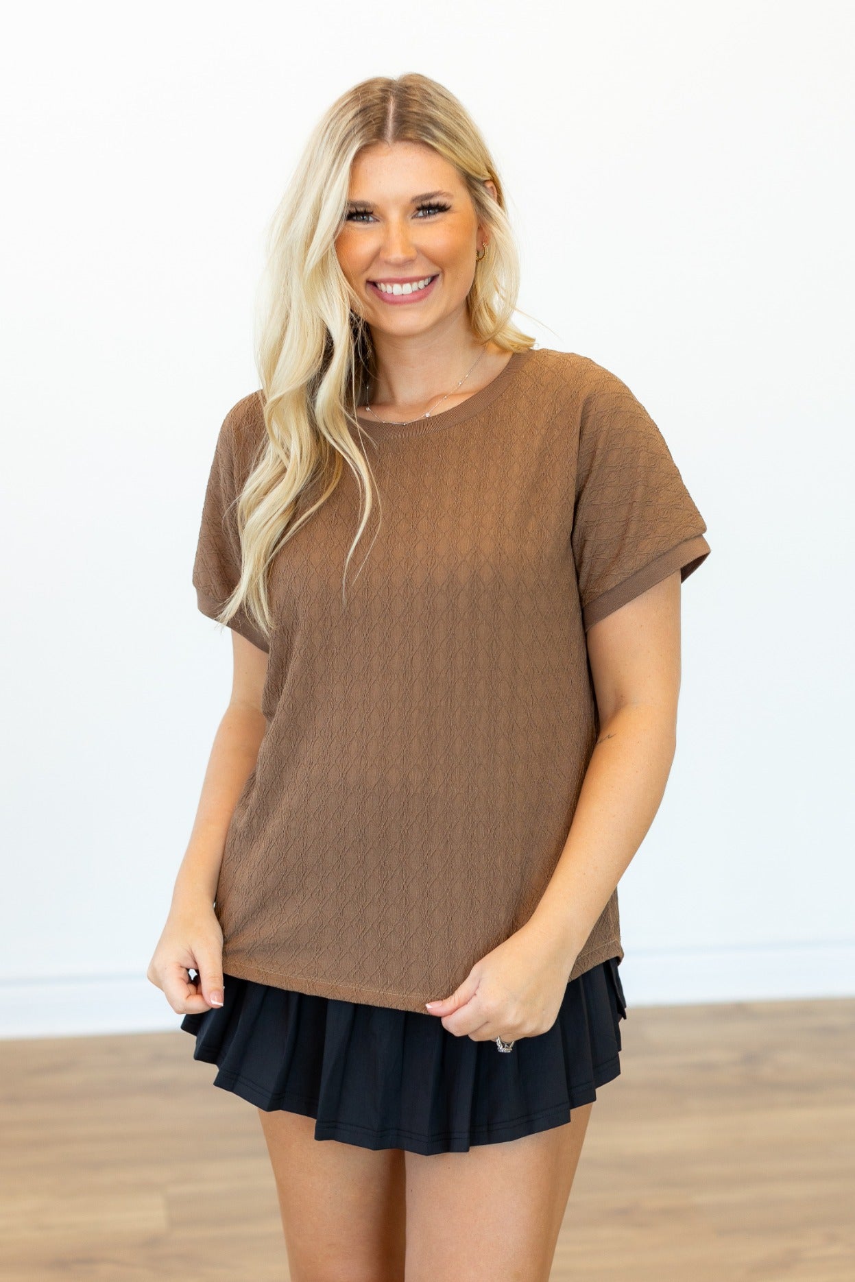 Textured Fabric Crew Neck Top, Brown