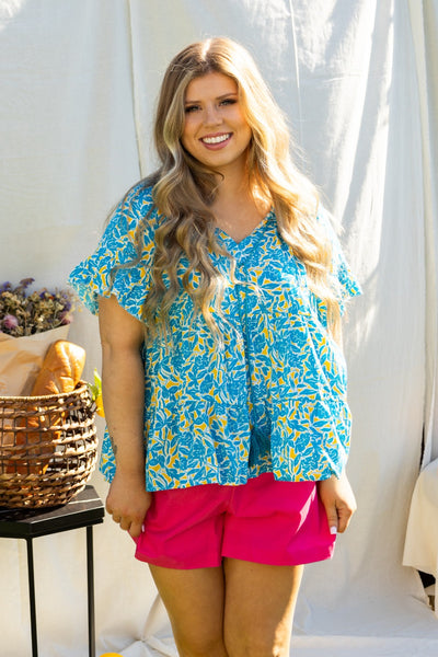 Blue & Yellow Floral Babydoll Top