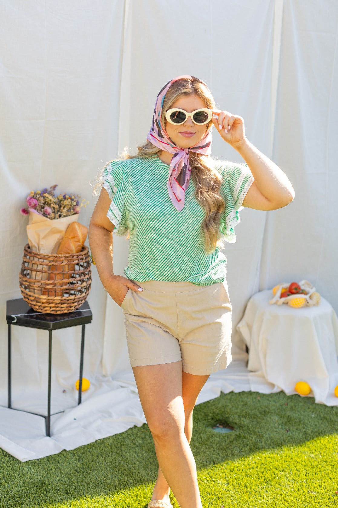 Green Knit Top Lace Trim