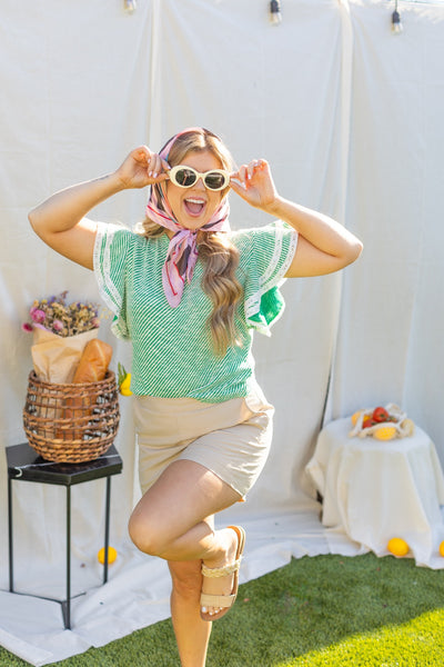 Green Knit Top Lace Trim