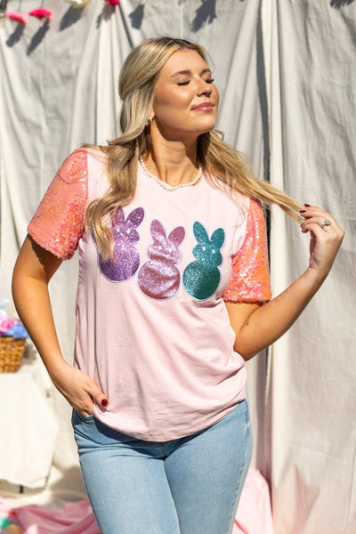 Sequin Sleeve Top With Bunny Patches