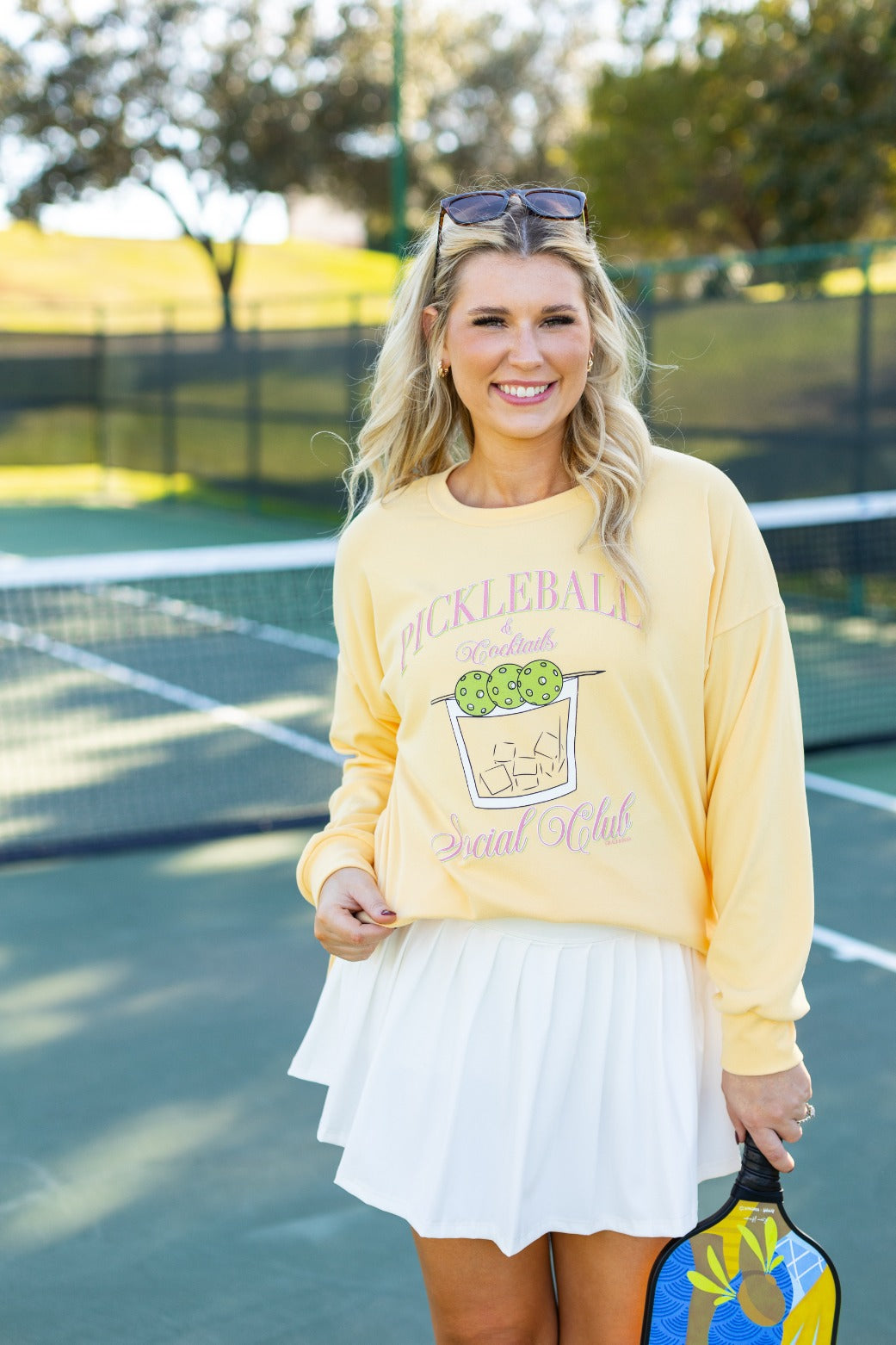 Pickleball & Cocktails Micro Fleece Crewneck, Yellow