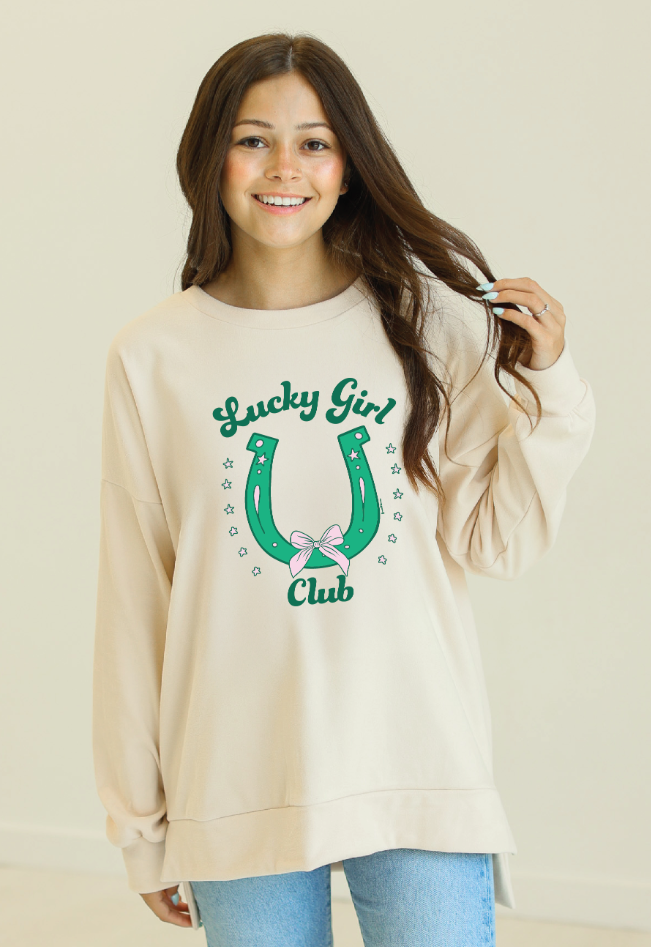 Lucky Girl Club Fleece Crewneck, Ivory