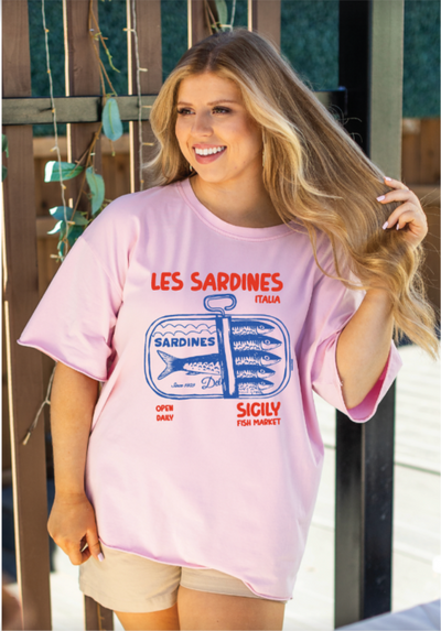 Les Sardines on Pink Tee Shirt