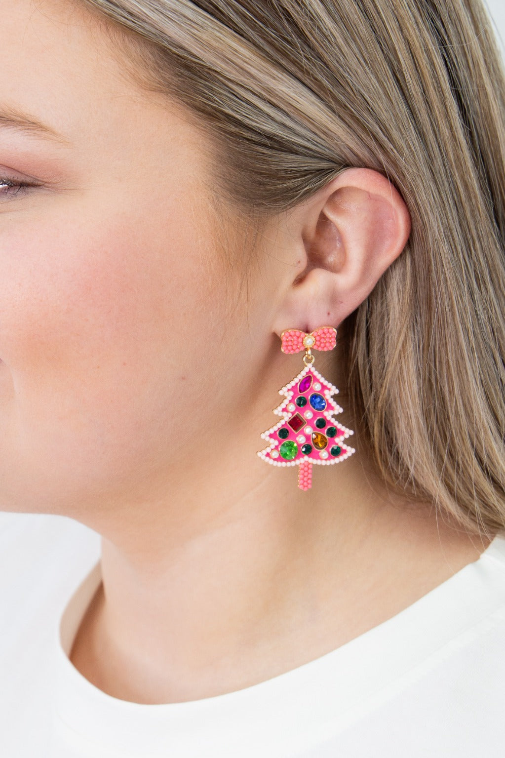 Christmas Tree Earrings, Pink