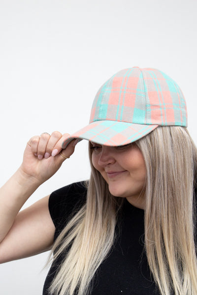 Peach & Turquoise Plaid Hat