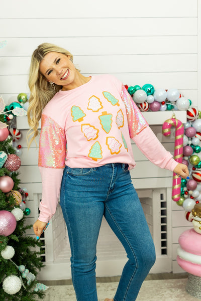 Christmas Tree on Light Weight Sequins Crewneck, Pink