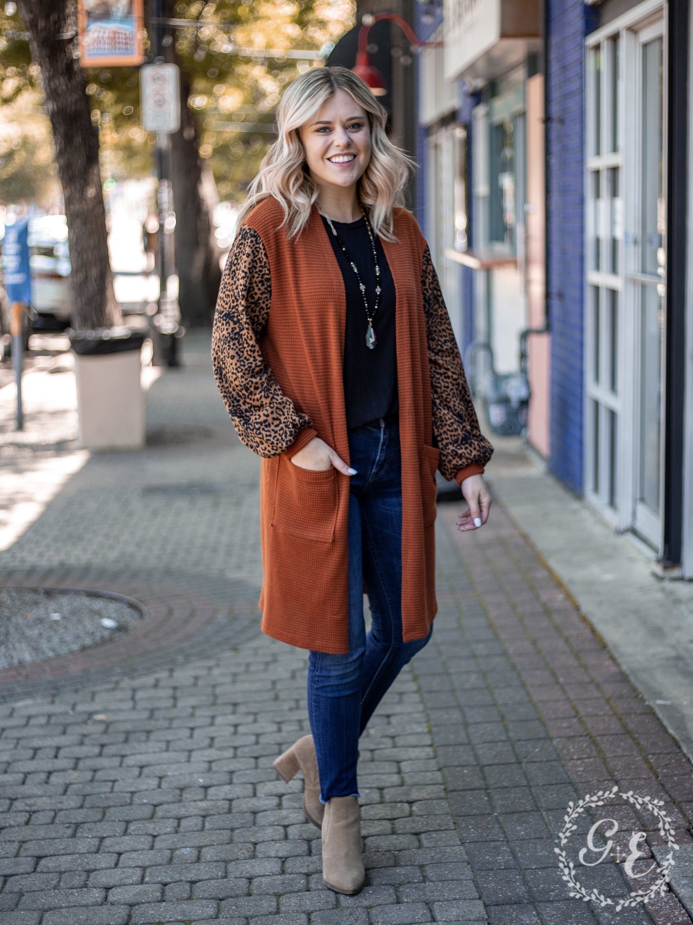 Warmin' Up Burnt Orange Cardigan with Balloon Leopard Sleeves