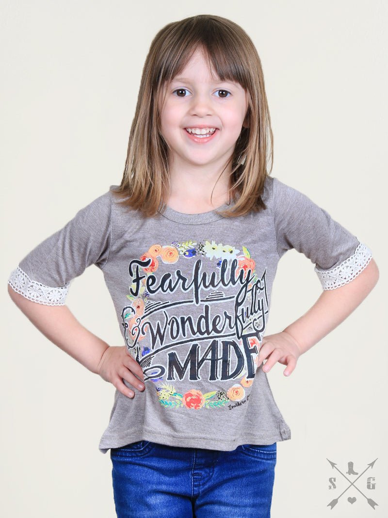 Girls Fearfully Wonderfully Made on Tan with Cream Lace Accent