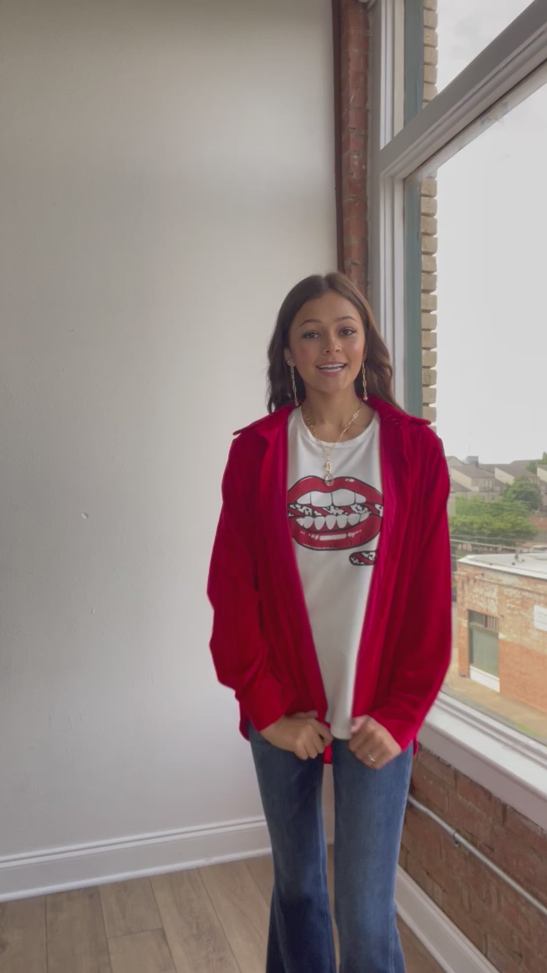 Red Velvet Button Up Top