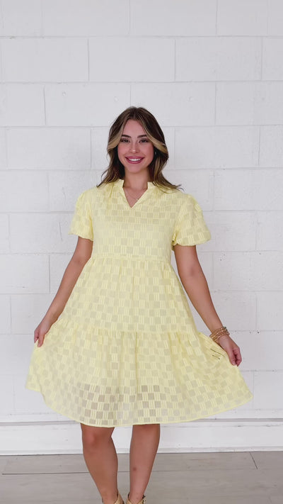 V-Neck Checkered Dress, Yellow