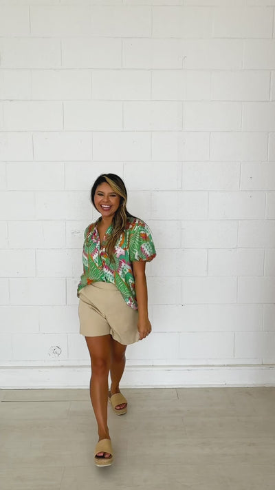 Tropical Print Puff Sleeve Top