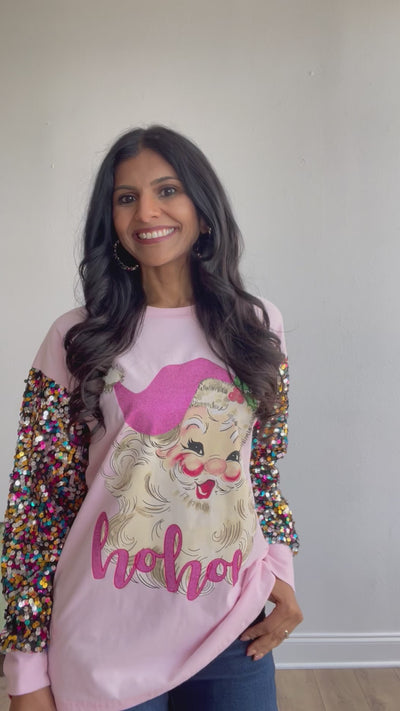 Santa on Pink Sweatshirt with Sequin Sleeves