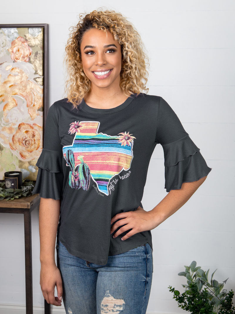 Just Like Heaven Desert Serape Texas on GREY Ruffle Sleeve Tee