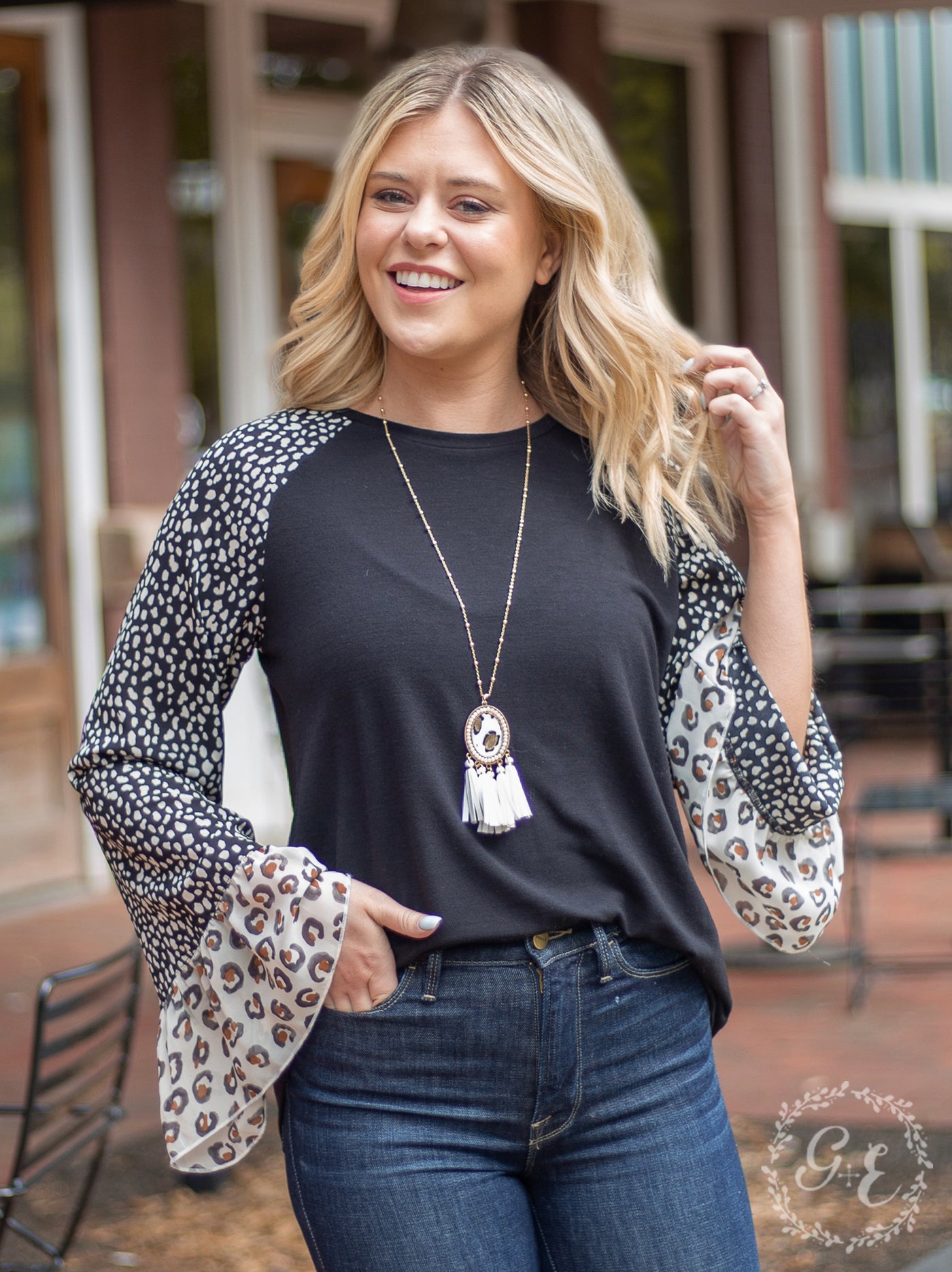 Lovin' My Spots and Dots Blouse with Bell Sleeve