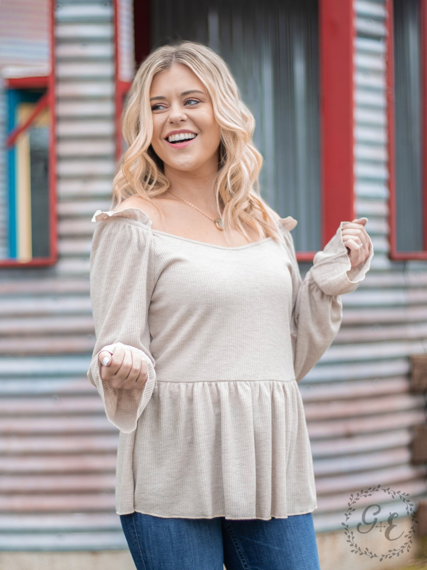 How 'Bout Those Ruffles Long Sleeve With Neck Line Ruffles, Beige