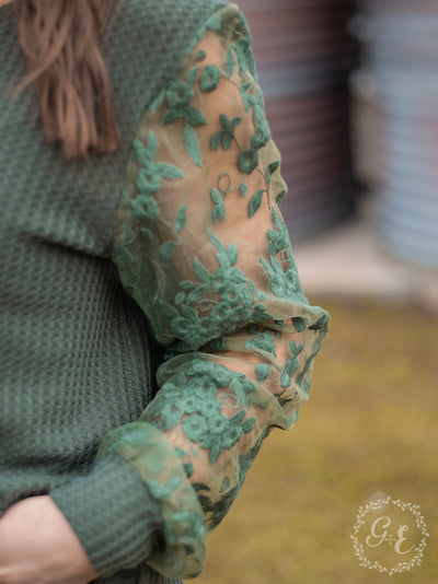 Don't MESH With Me Top With Floral Mesh Sleeves, Green