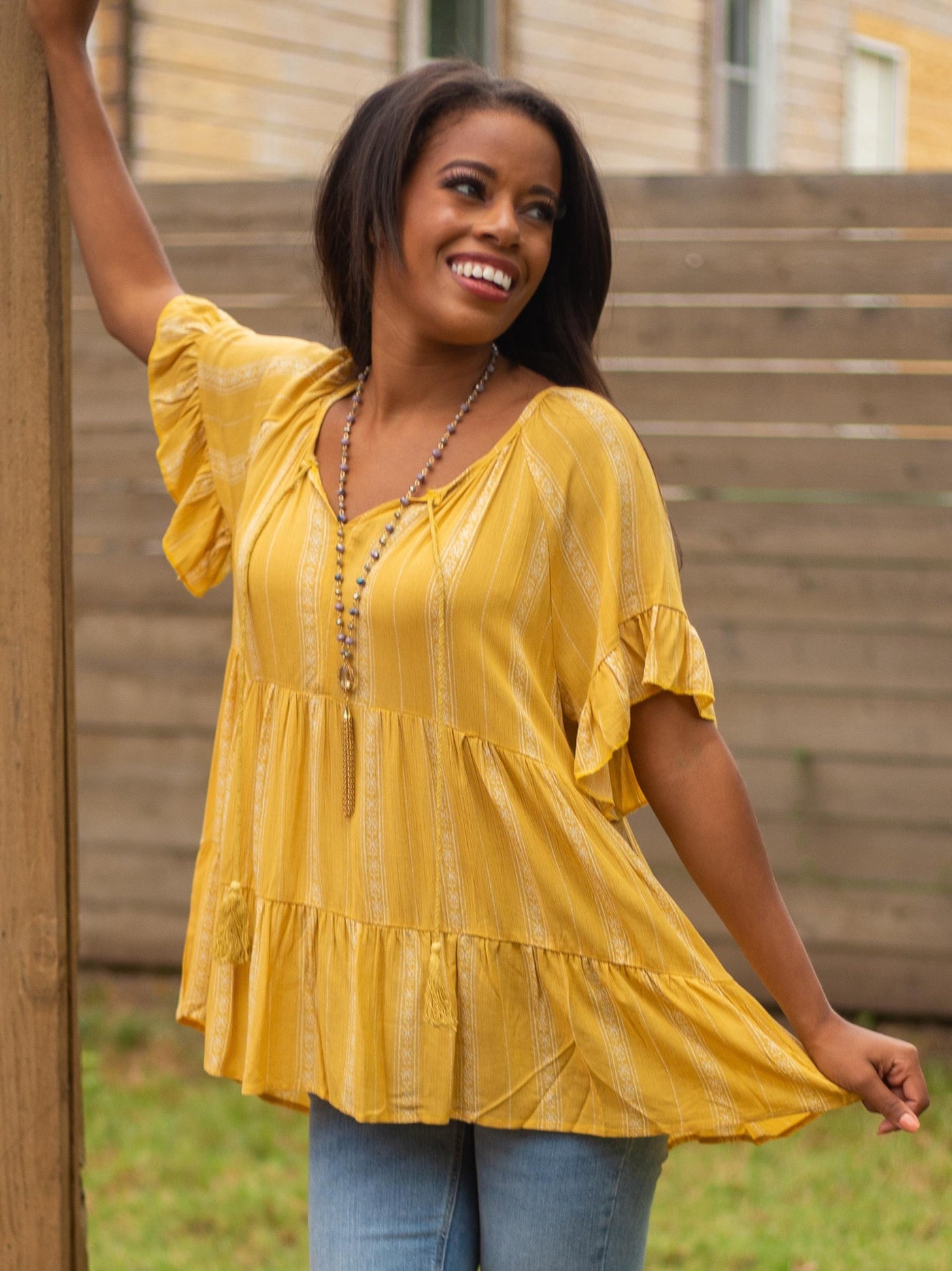 Seams Bohemian Tie & Scoop Neck Mustard Top