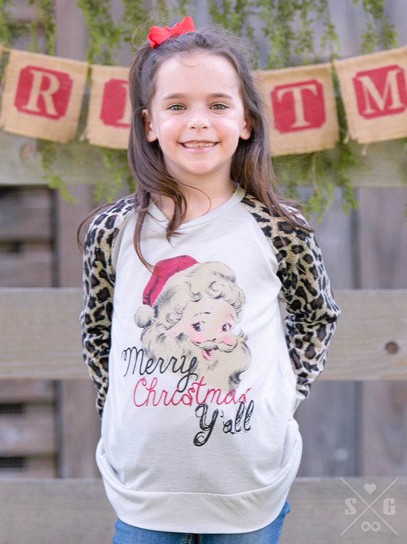 Girls' Merry Christmas Y'all on Grey Tee with Leopard Sleeves
