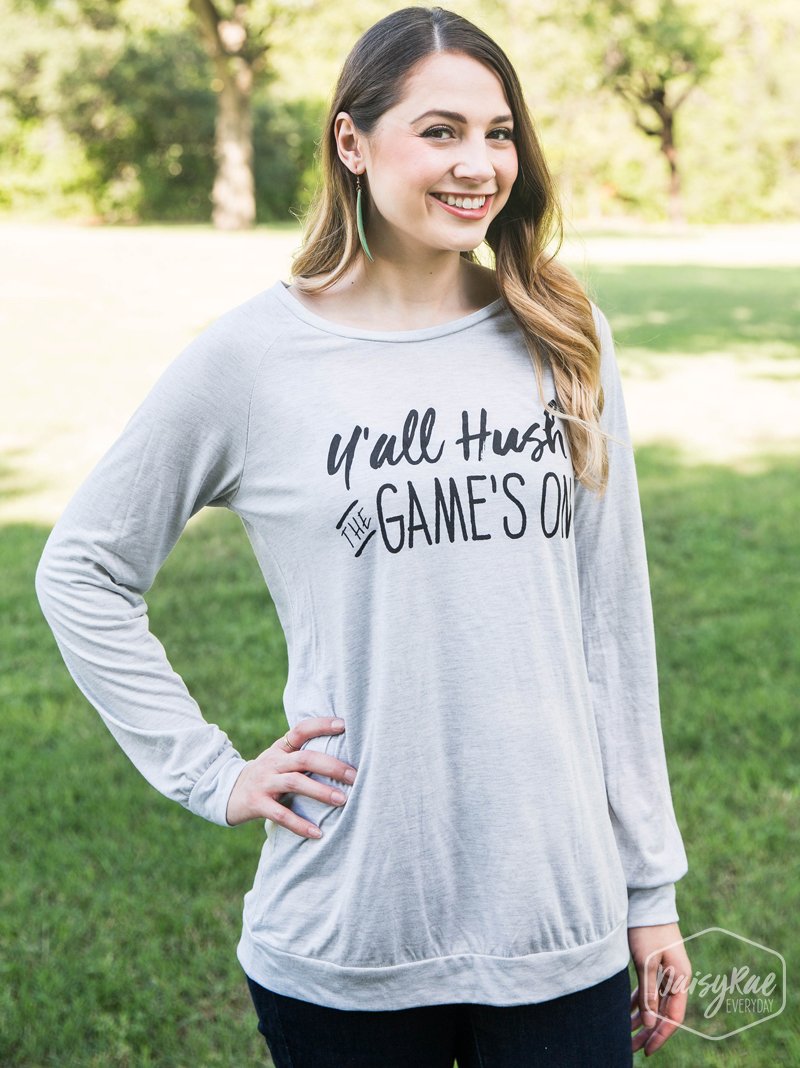 Y'all Hush The Game's On Light Grey Longsleeve Tee, Black Ink