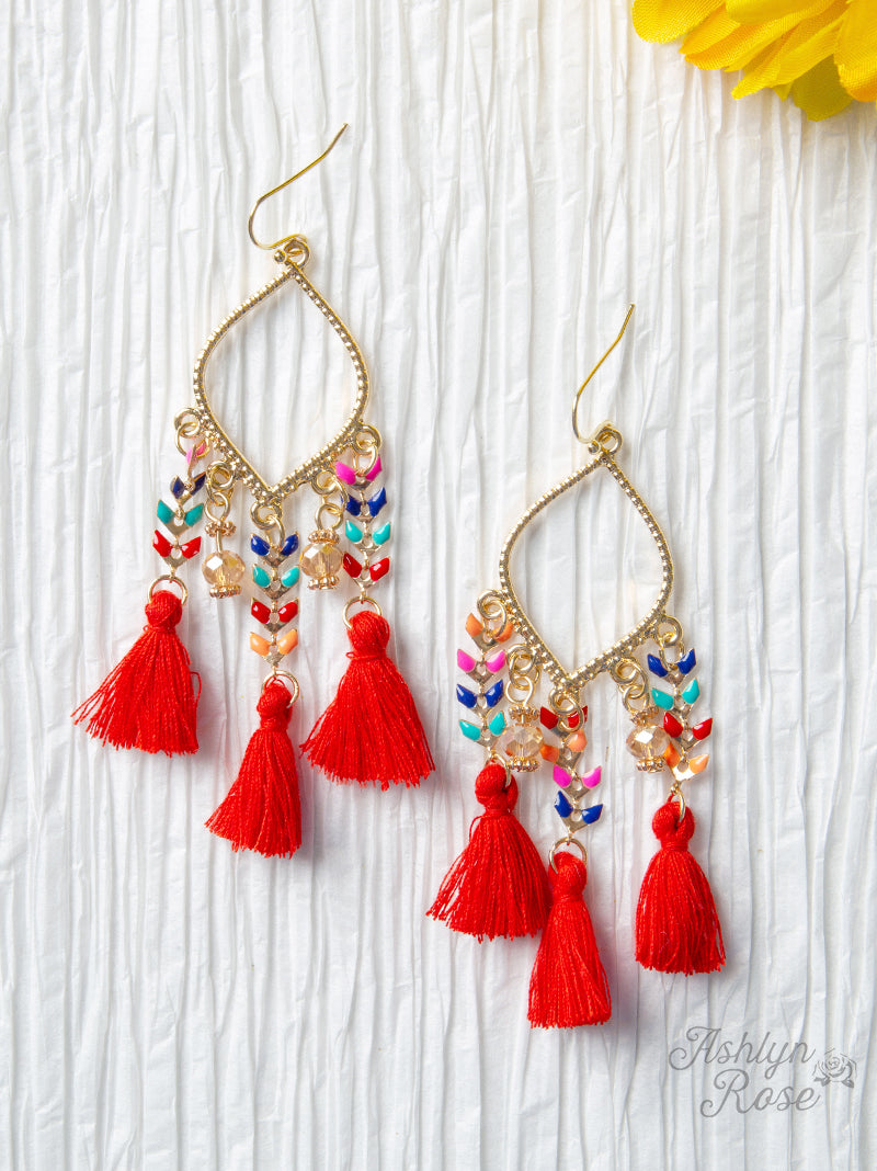 Take Me to Coachella Tassel Earrings, Red