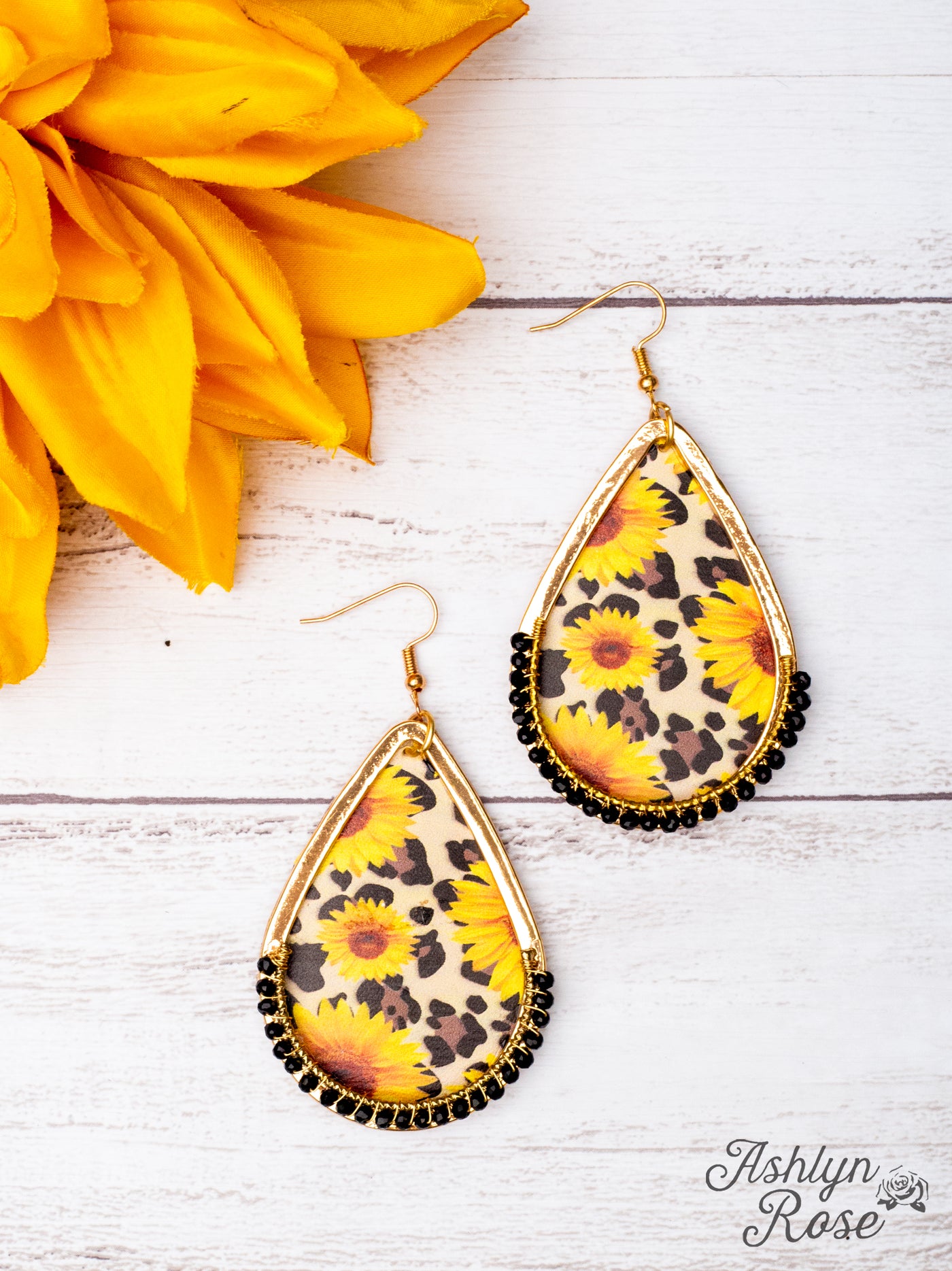 IN MY DAISY DUKES SUNFLOWER LEOPARD TEARDROP GOLD EARRINGS