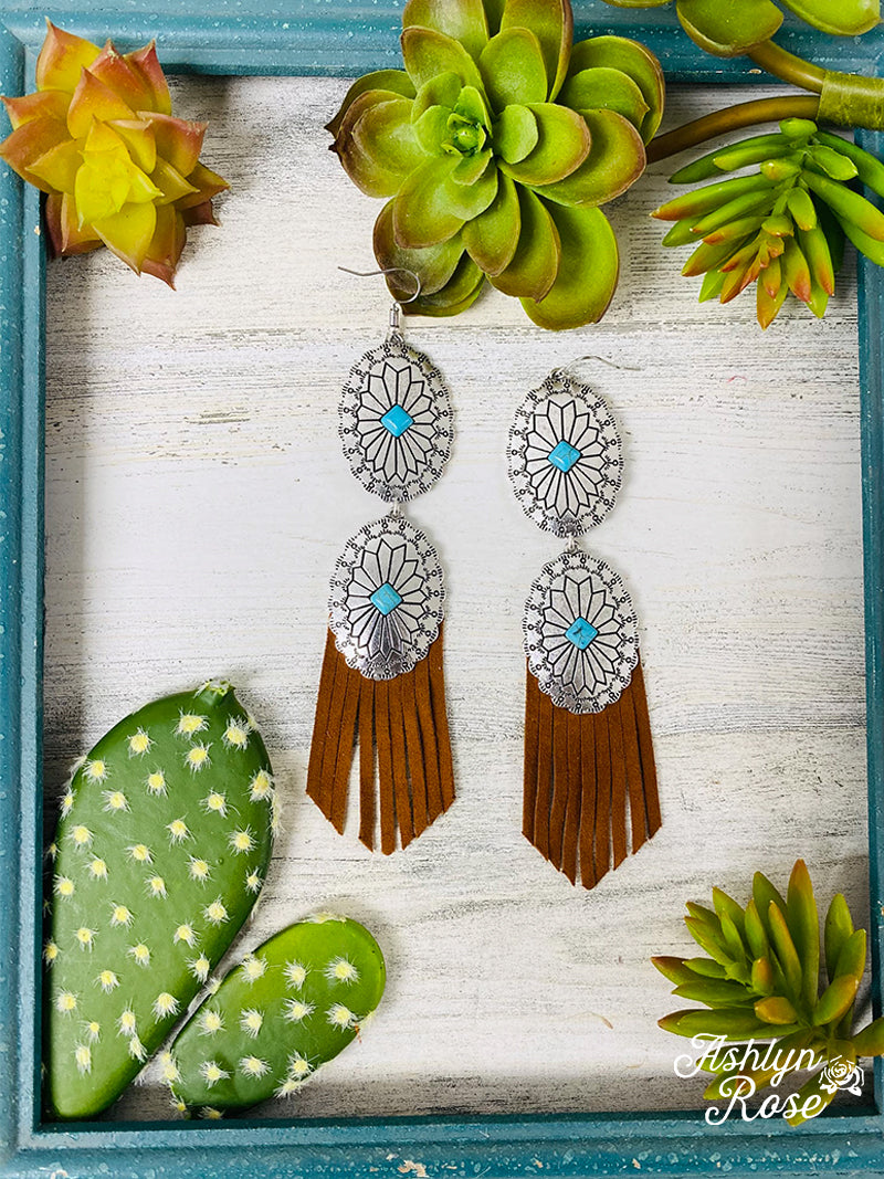 BUCK OFF COWBOY DOUBLE TURQUOISE CONCHO BROWN FRINGE EARRINGS
