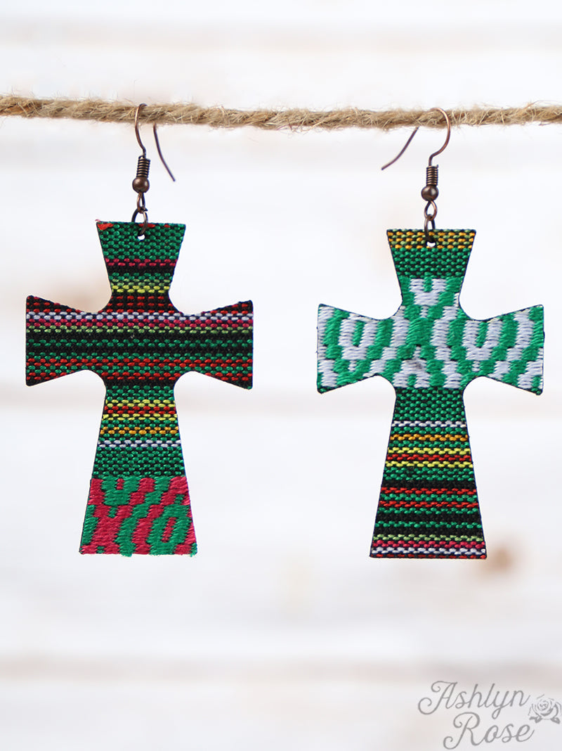 Green Serape Leather Cross Earrings, Copper