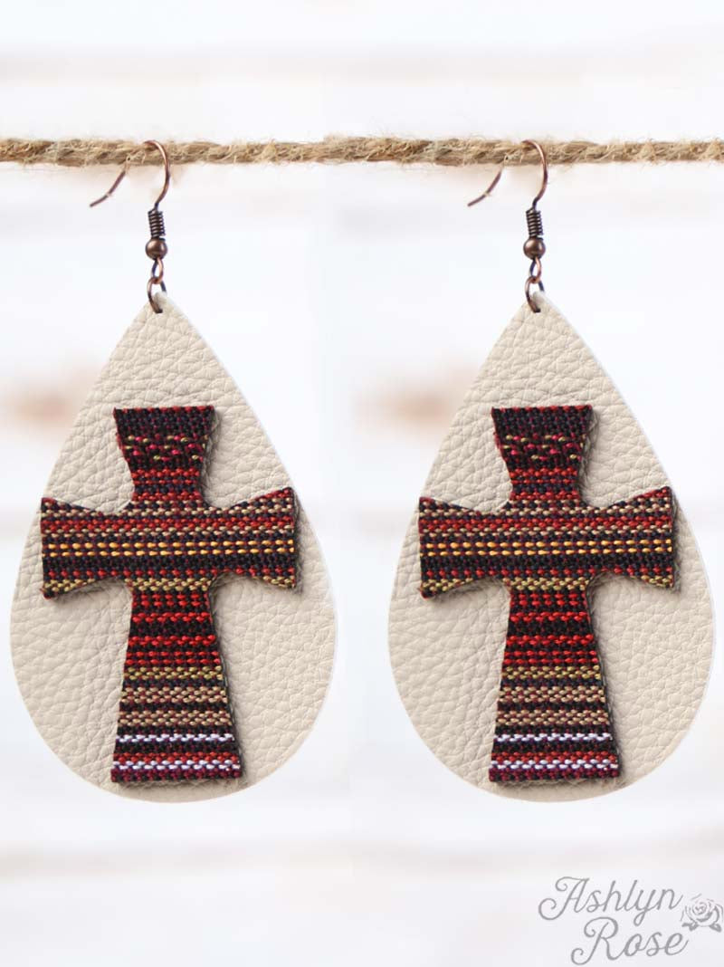 Serape Cross Leather Teardrop Earrings, Burgundy