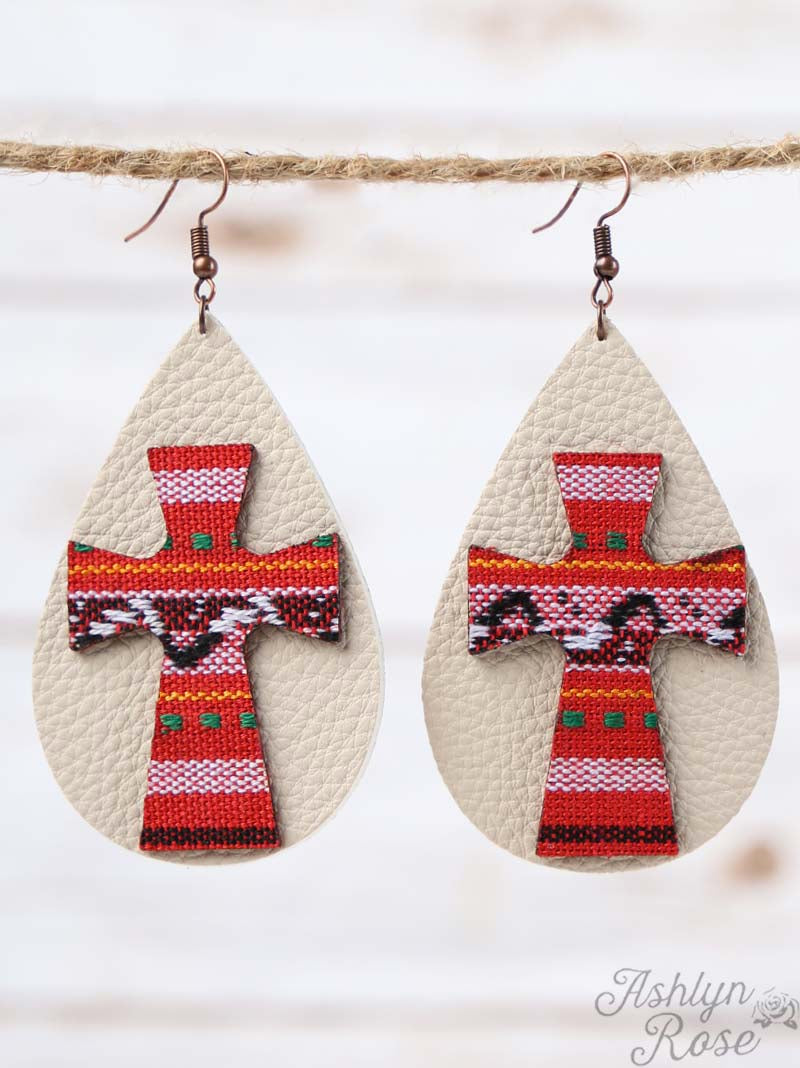 Serape Cross Leather Teardrop Earrings, Red