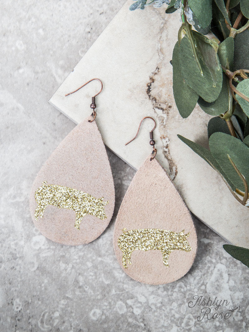 Teardrop Earrings with Gold Glitter Pig, Beige