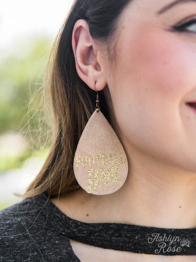 Football Y'all Suede Football Earrings, Beige with Gold Glitter