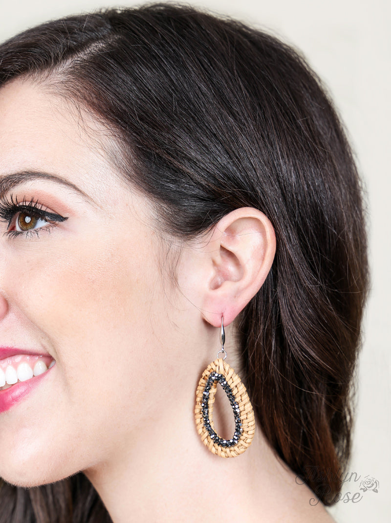 Teardrop Wicker Earrings with Hematite Crystals