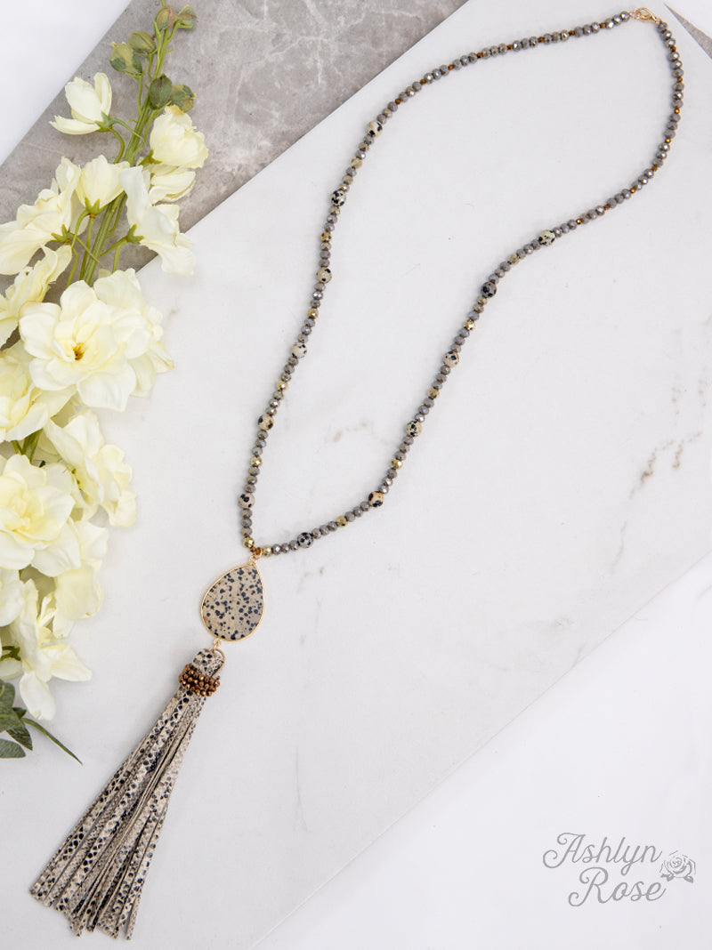 Tassel Trend Beaded Necklace with Spotted Teardrop Pendant & Snake Tassel