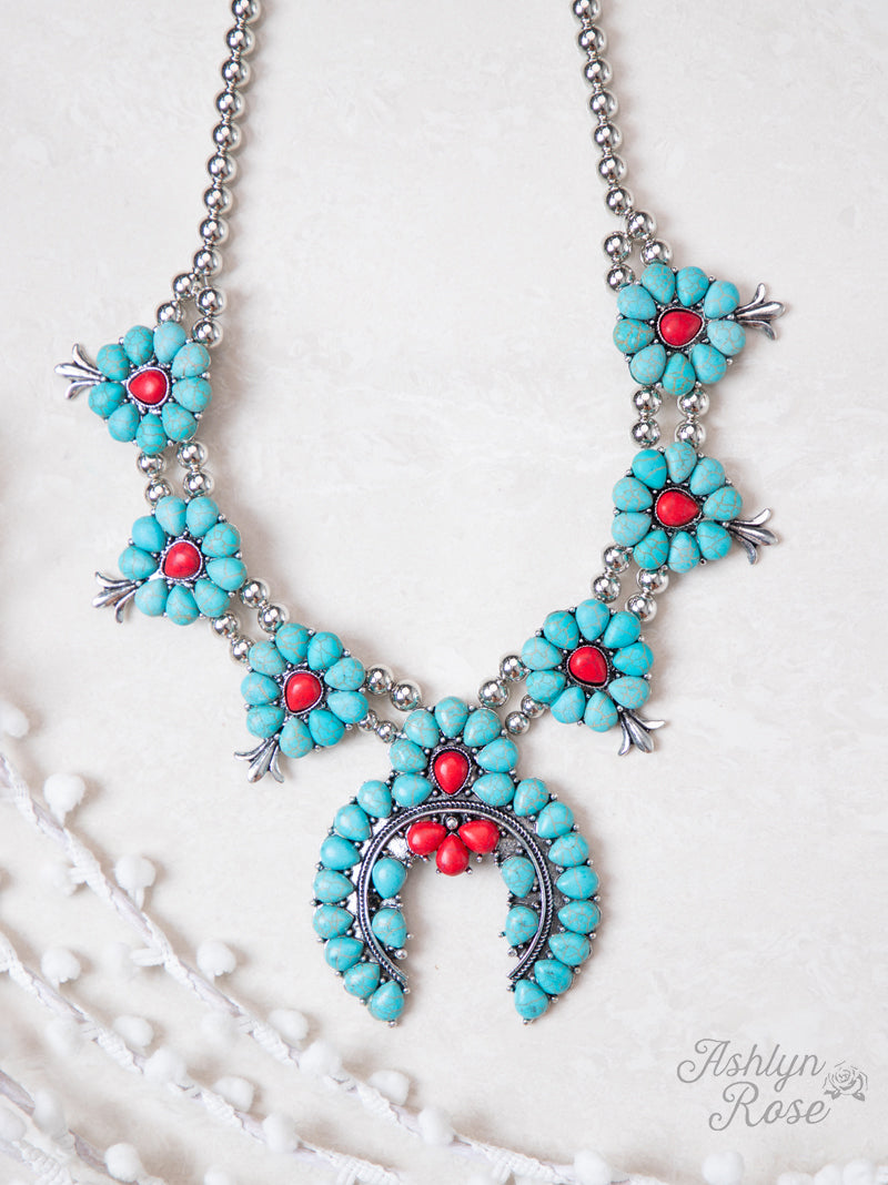 Stone Horseshoe Silver Western Necklace, Turquoise and Red